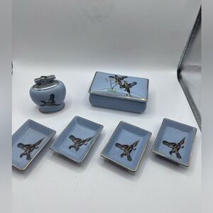 Vintage ATC Retro hand painted smoking set with covered porcelain box and plates